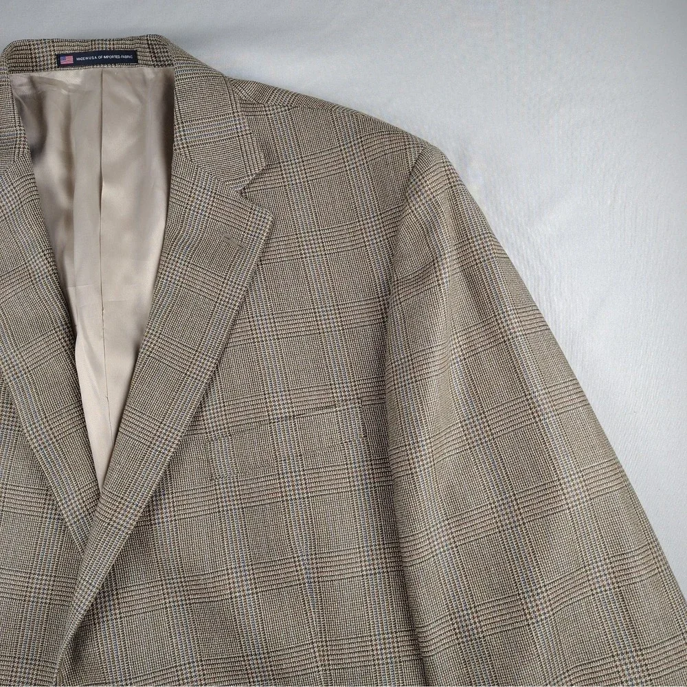 Hart Schaffner Marx 50L Sport Coat Blazer Glen Plaid Check USA Made Tan Brown